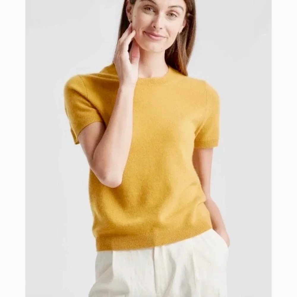 QUINCE Yellow Cashmere Short Sleeves Sweater Pullover Solid Knit Knitwear Large
